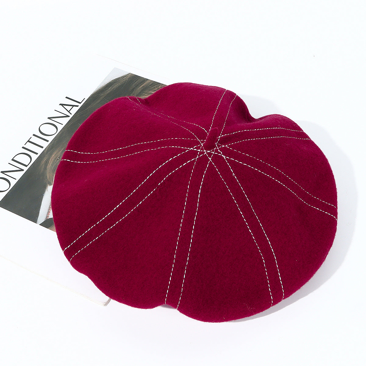 Topstitched Wool Pumpkin Beret Hat - Wine_red