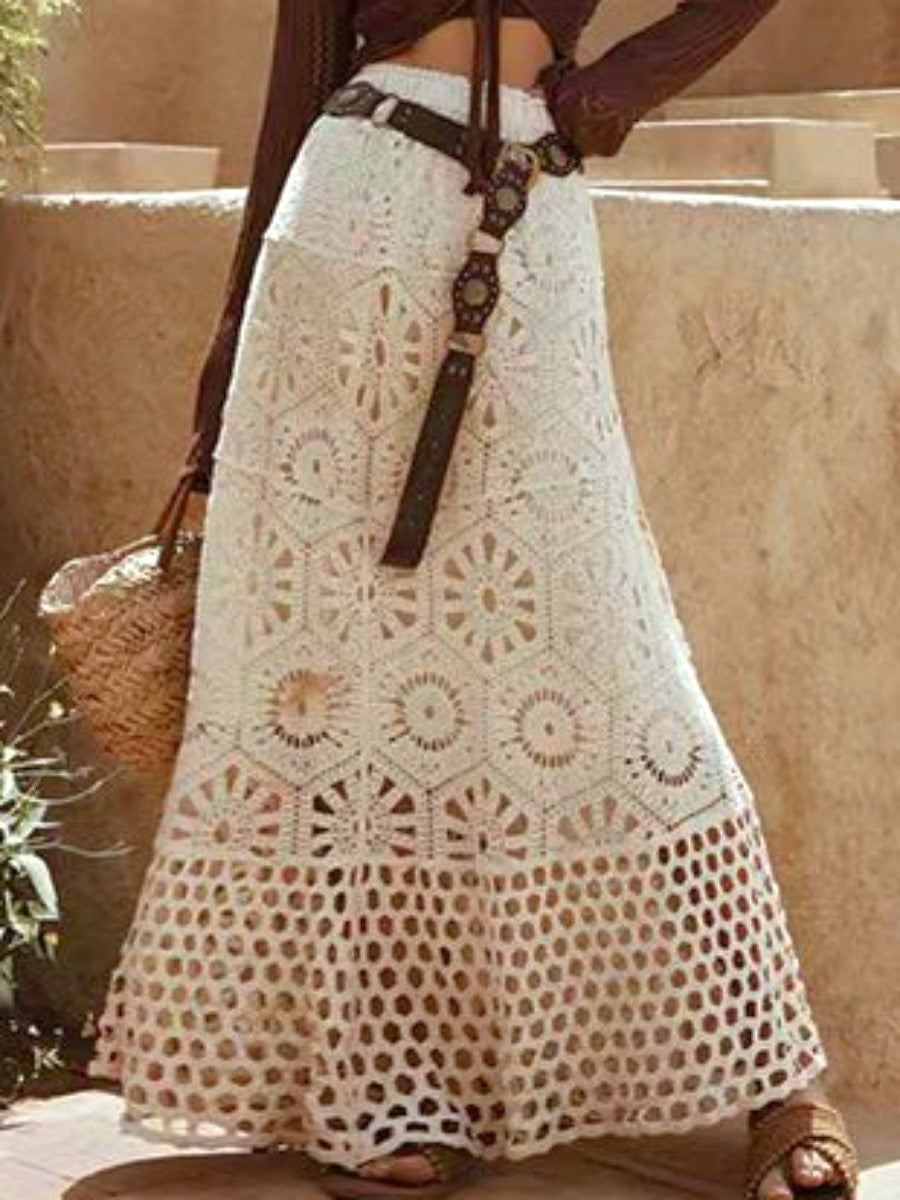 Crochet Lace Maxi Skirt With Scalloped Hem - Apricot - 2