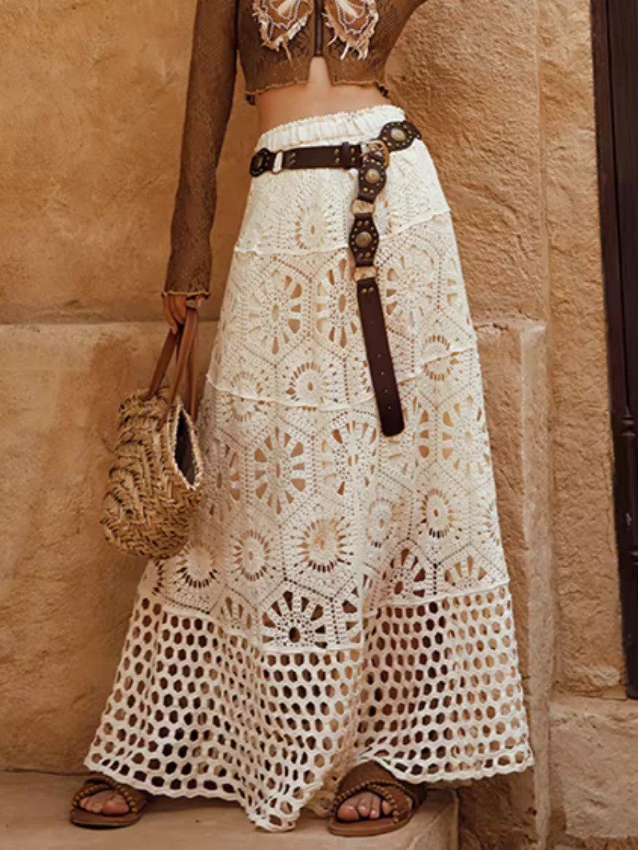 Crochet Lace Maxi Skirt With Scalloped Hem - Apricot - 3