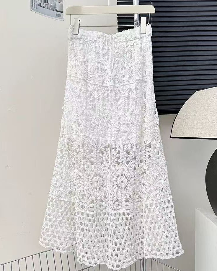 Crochet Lace Maxi Skirt With Scalloped Hem - White - 1