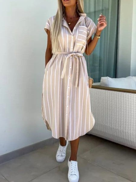 Striped Belted Midi Shirt Dress - Apricot