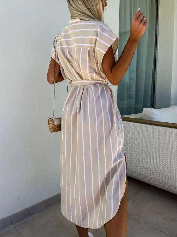 Striped Belted Midi Shirt Dress - Apricot - 1