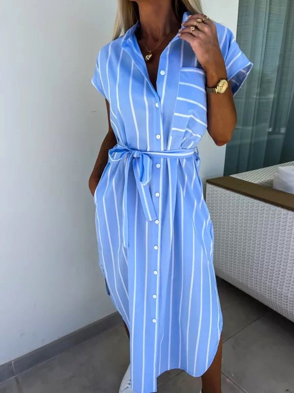Striped Belted Midi Shirt Dress - Blue - 1