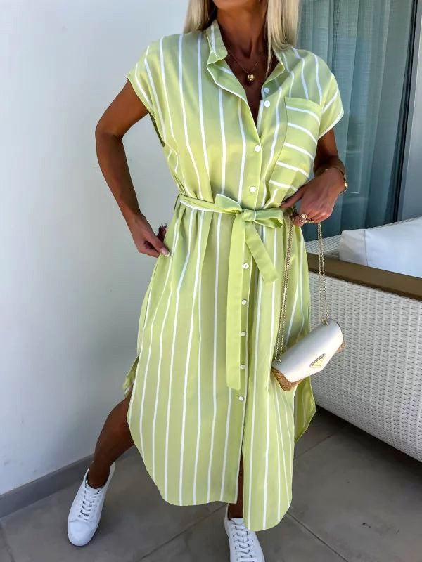 Striped Belted Midi Shirt Dress - Green