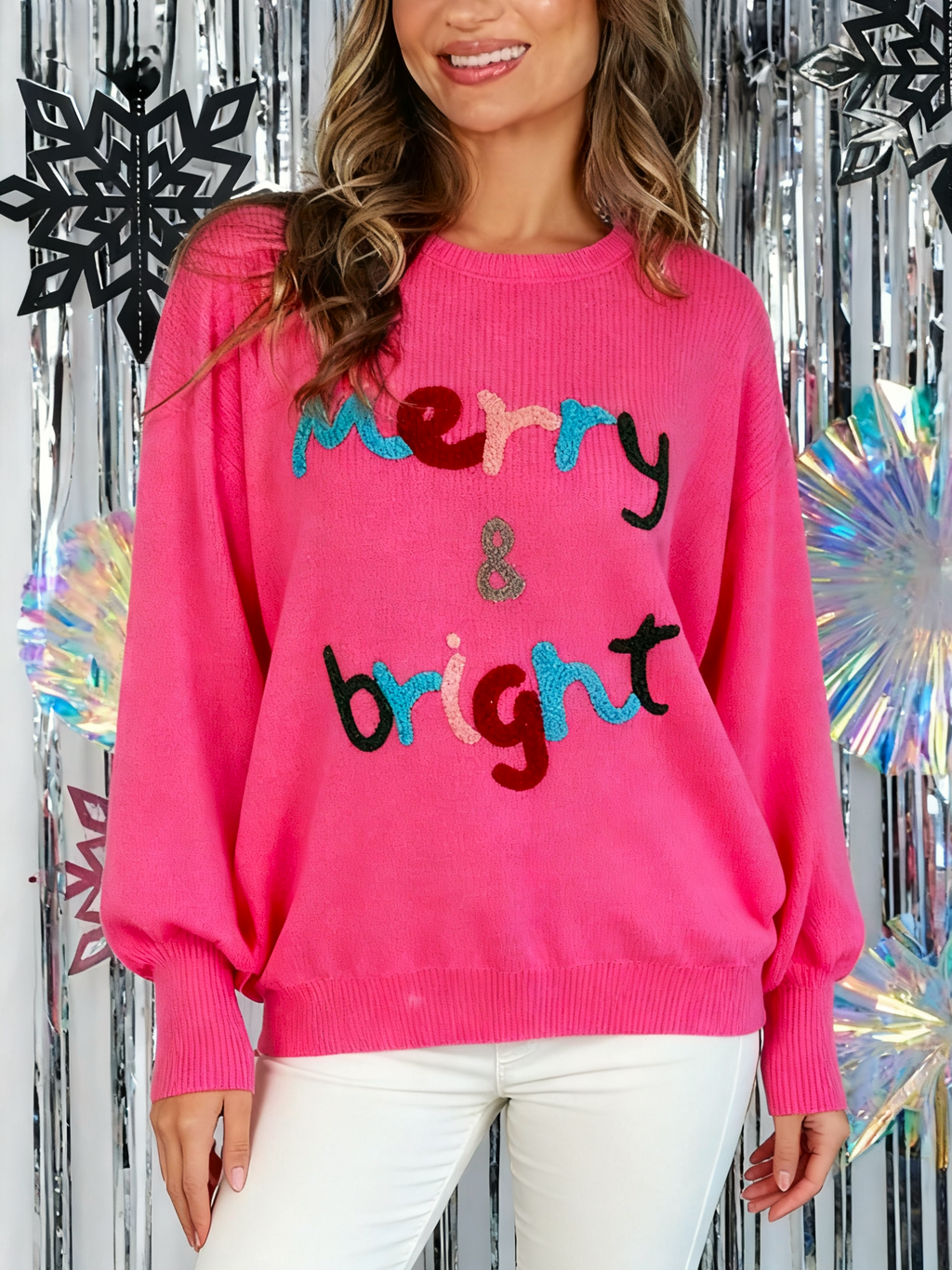 Chenille Letter Graphic Christmas Sweater - RoseRed