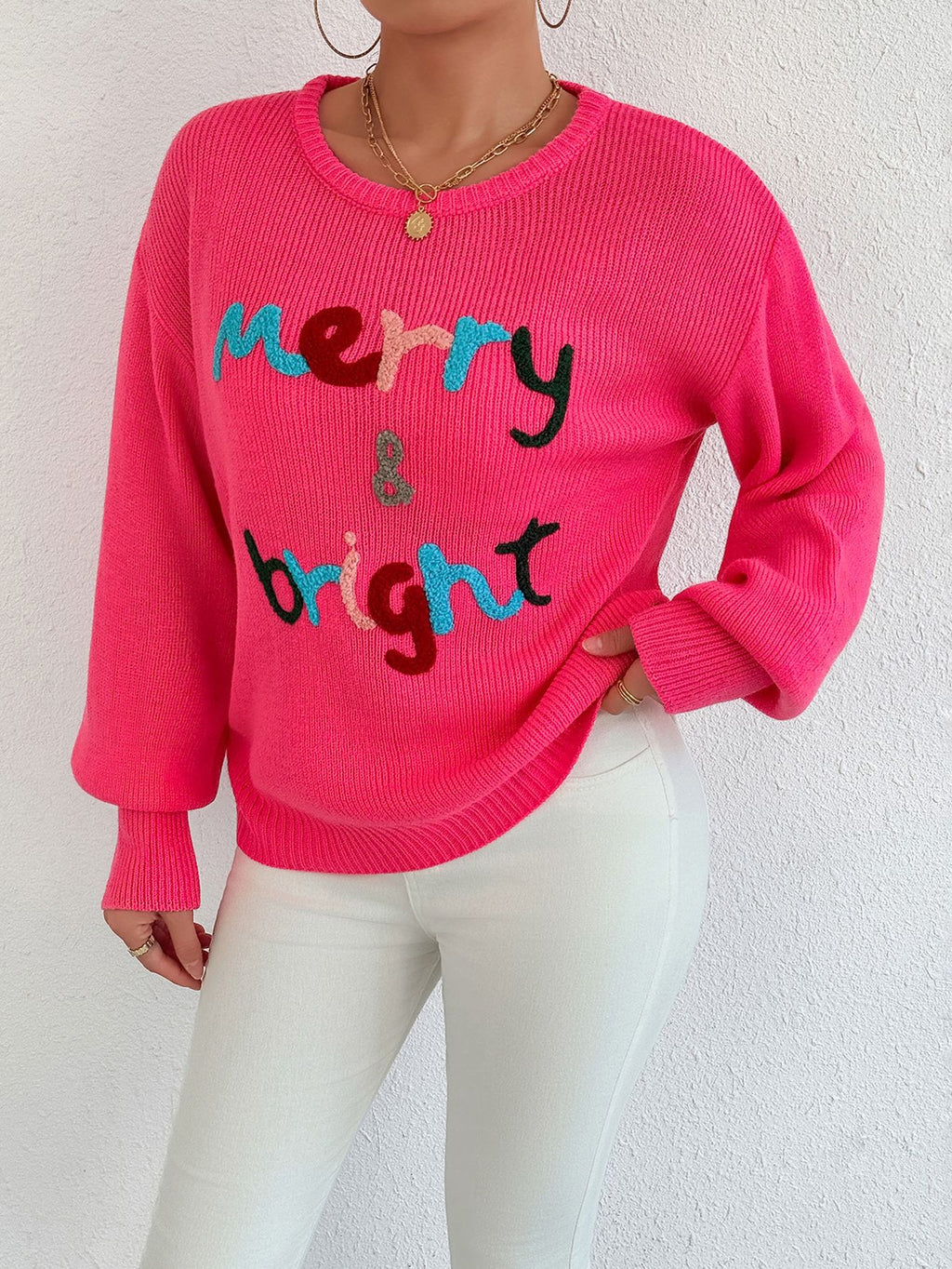 Chenille Letter Graphic Christmas Sweater - RoseRed - 1