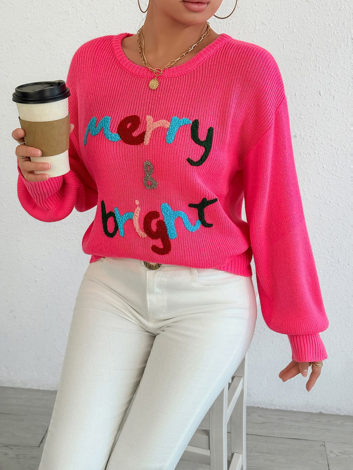 Chenille Letter Graphic Christmas Sweater - RoseRed - 2