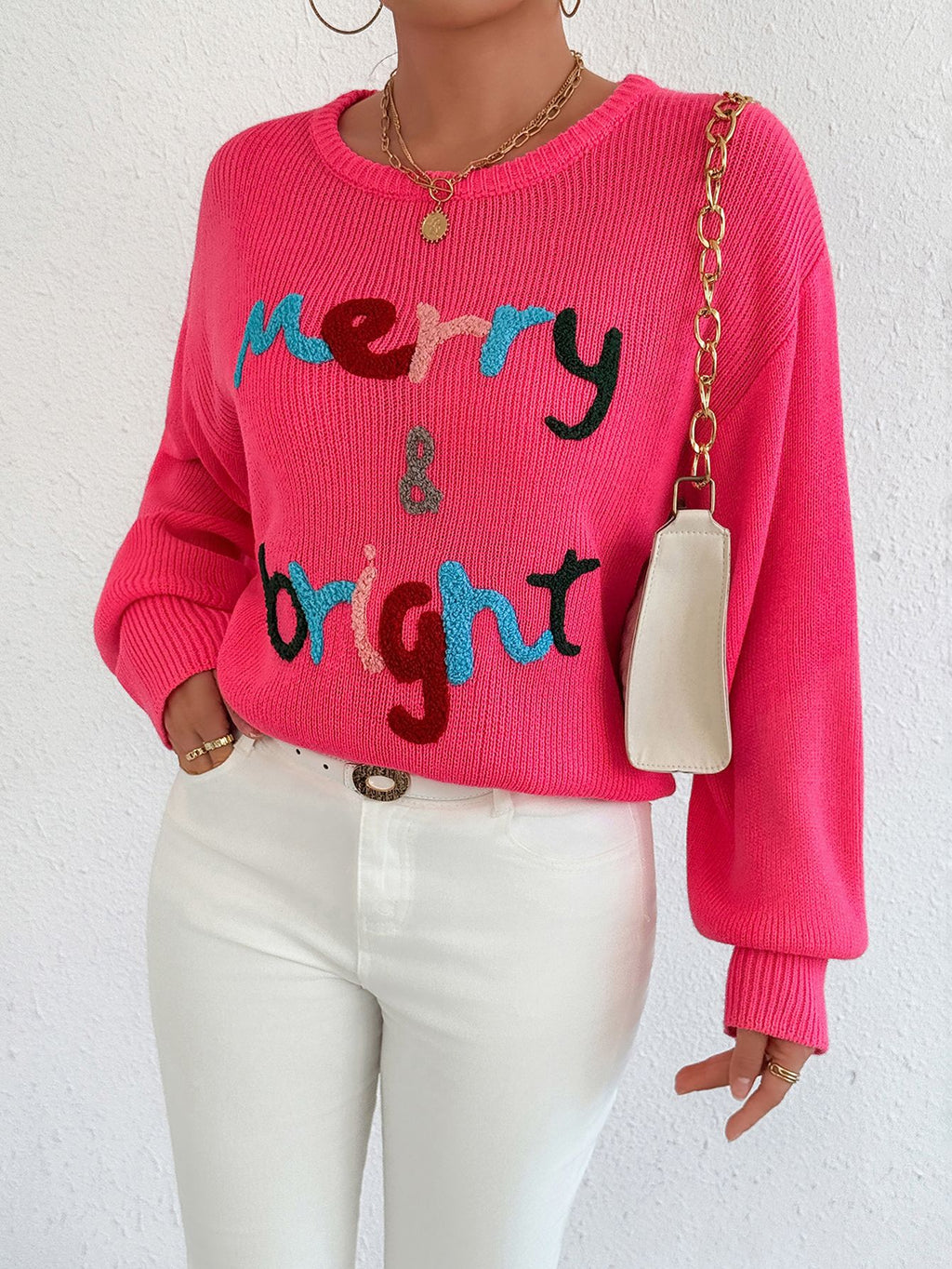 Chenille Letter Graphic Christmas Sweater - RoseRed - 3