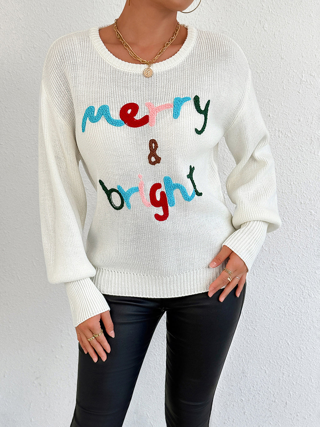 Chenille Letter Graphic Christmas Sweater - White