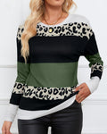 Leopard Colorblock Striped Long Sleeve Top - Green
