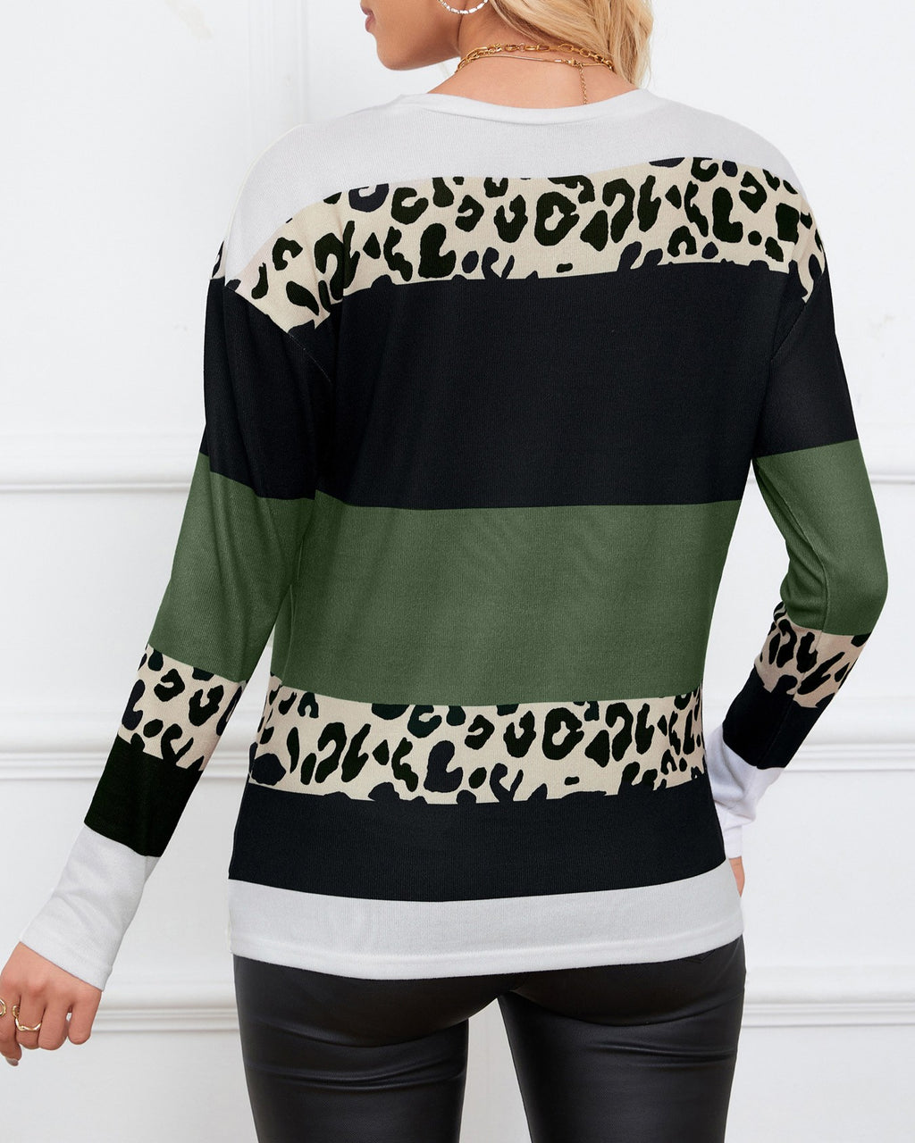 Leopard Colorblock Striped Long Sleeve Top - Green - 2