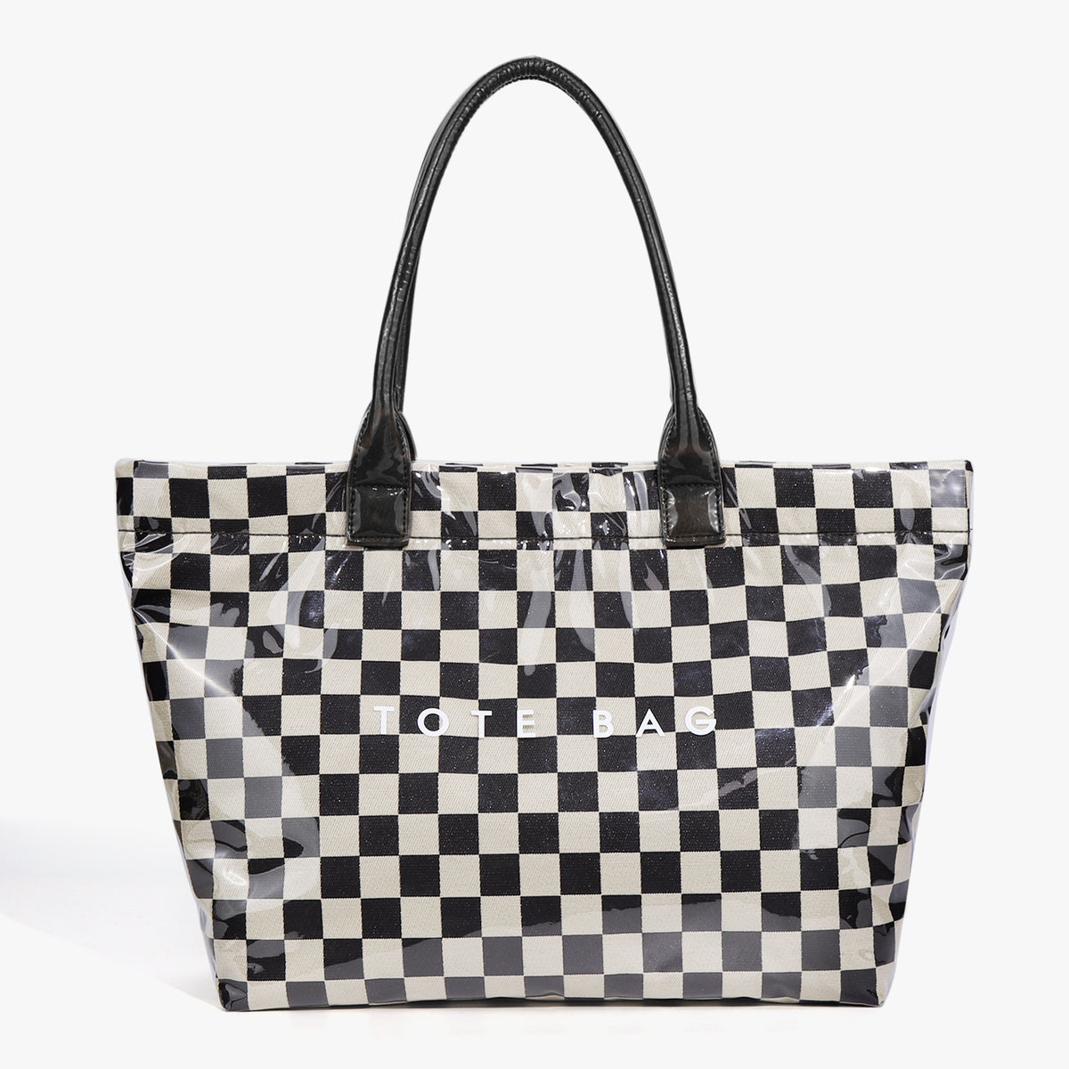 Checkered Waterproof Large Tote Shoulder Bag - Black