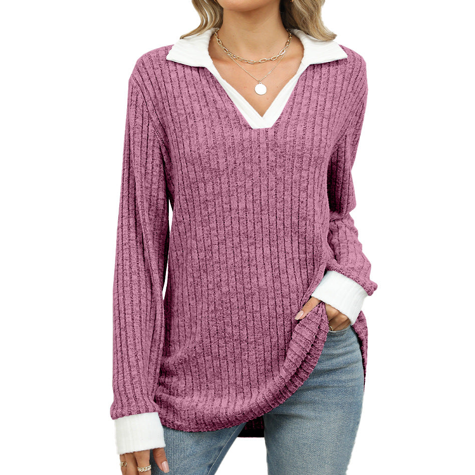 Contrast Trim Ribbed Johnny Collar Knit Top - Berry