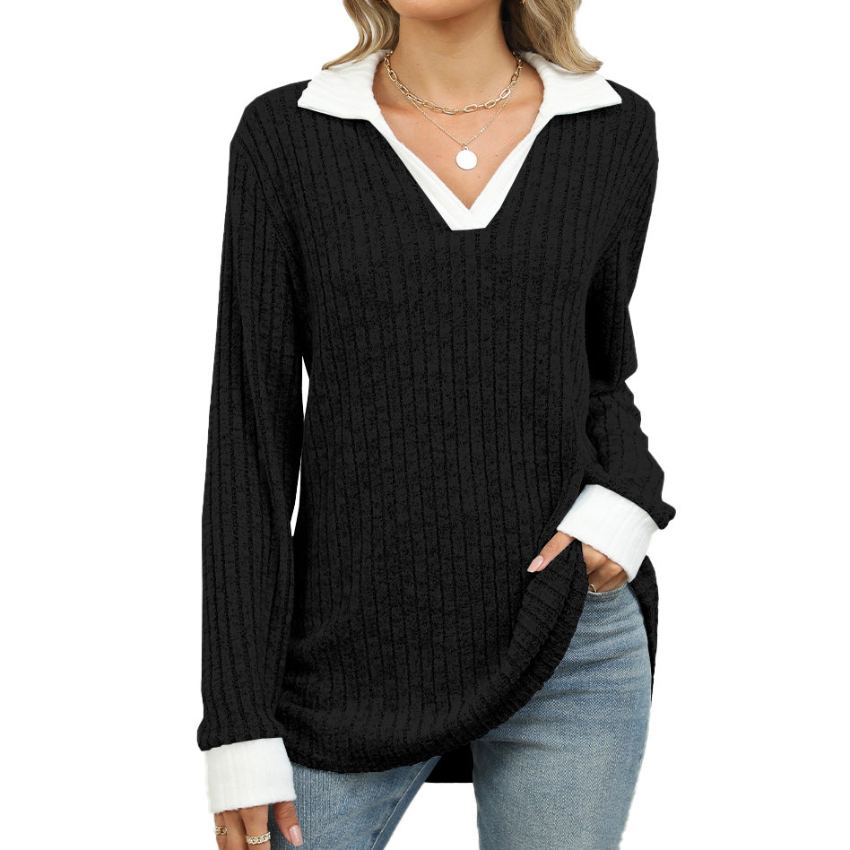 Contrast Trim Ribbed Johnny Collar Knit Top - Black