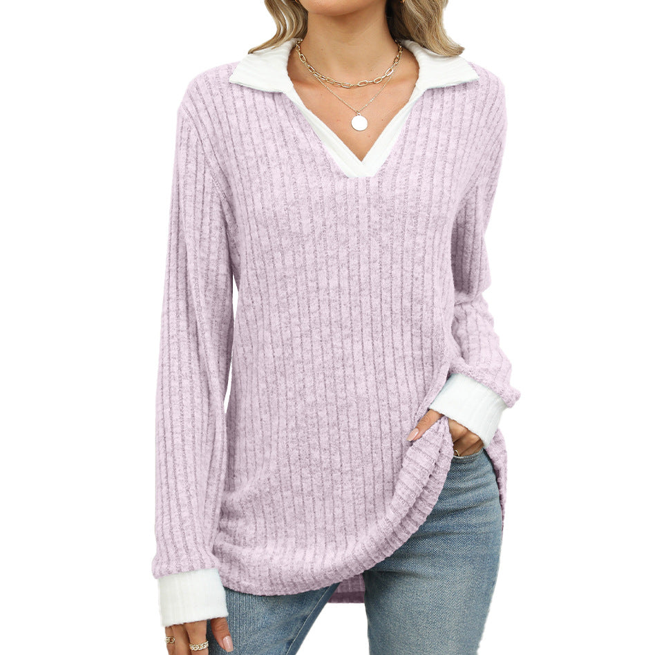 Contrast Trim Ribbed Johnny Collar Knit Top - Pink