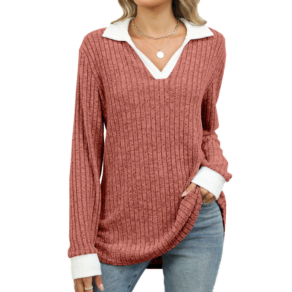 Contrast Trim Ribbed Johnny Collar Knit Top - Rust - 1