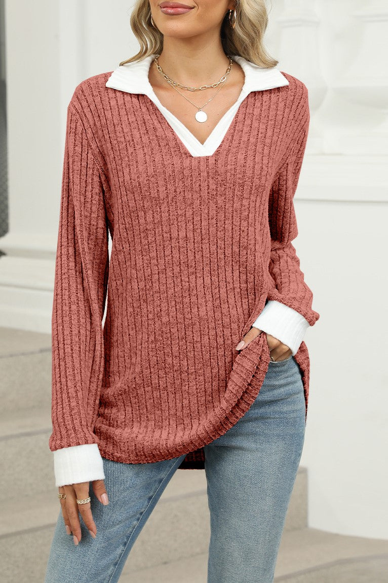 Contrast Trim Ribbed Johnny Collar Knit Top - Rust - 2