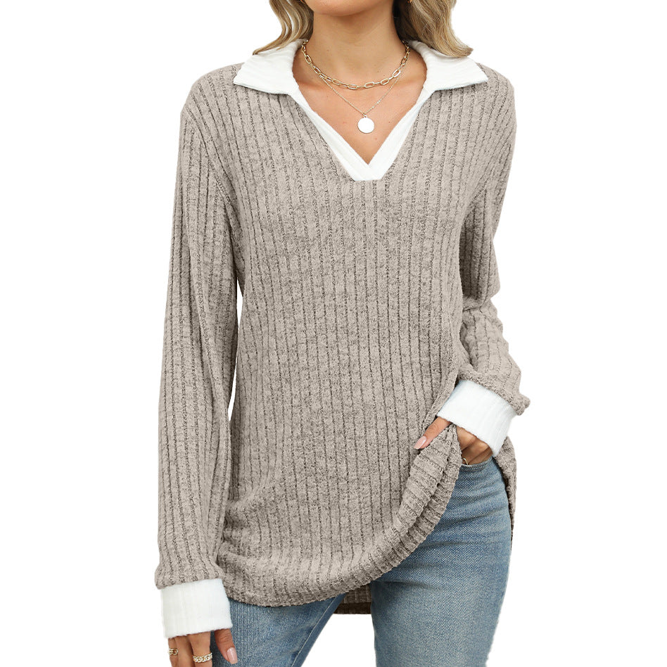 Contrast Trim Ribbed Johnny Collar Knit Top - Tan