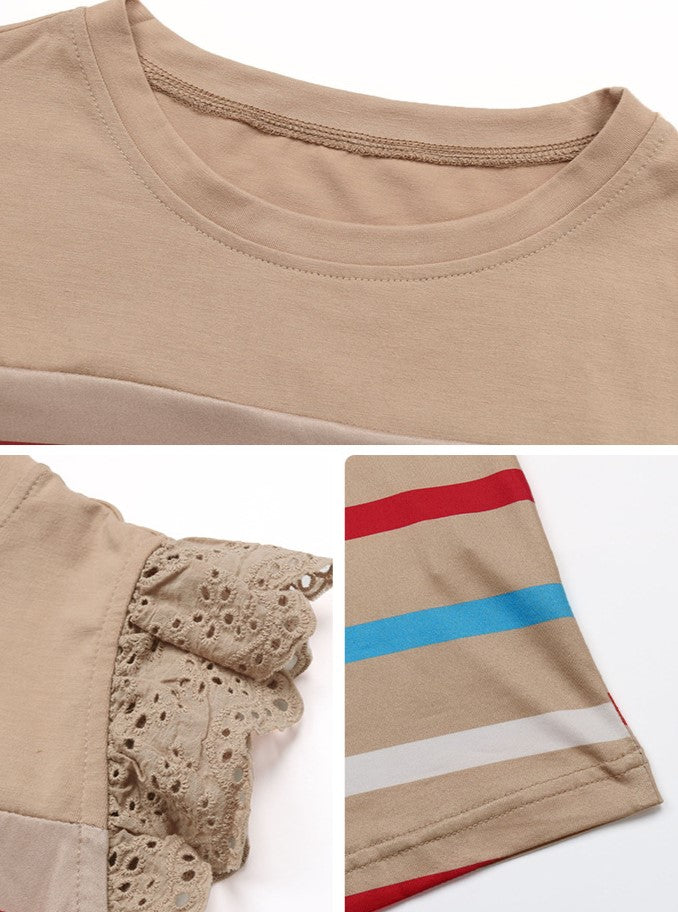 Striped Knit Top With Lace Flutter Sleeves - Khaki - 1