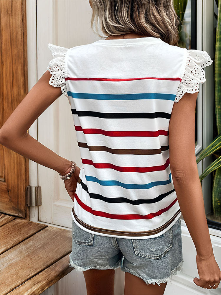 Striped Knit Top With Lace Flutter Sleeves - White - 1