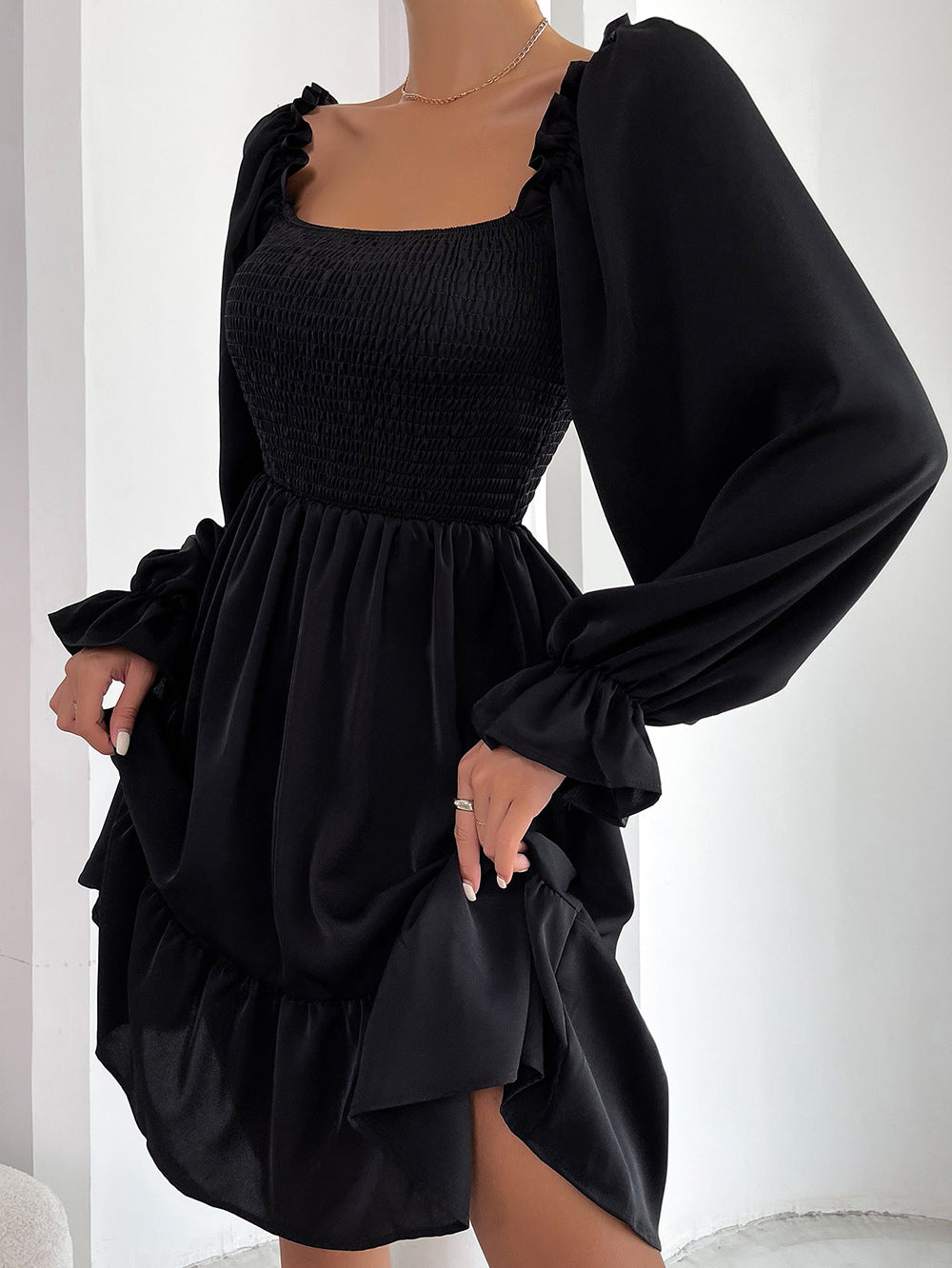 Smocked Square Neck Puff Sleeve Mini Dress - Black