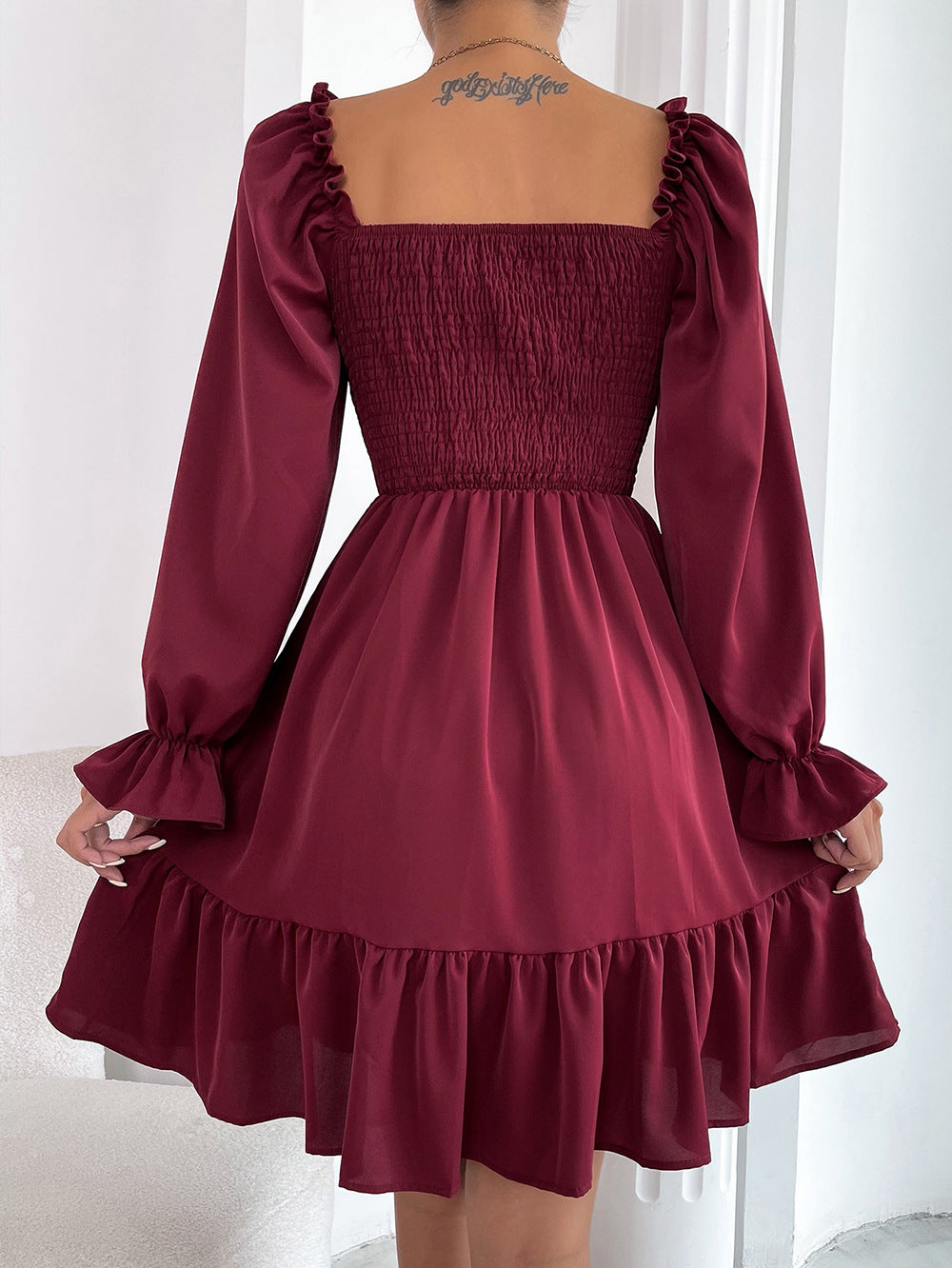 Smocked Square Neck Puff Sleeve Mini Dress - Wine red
