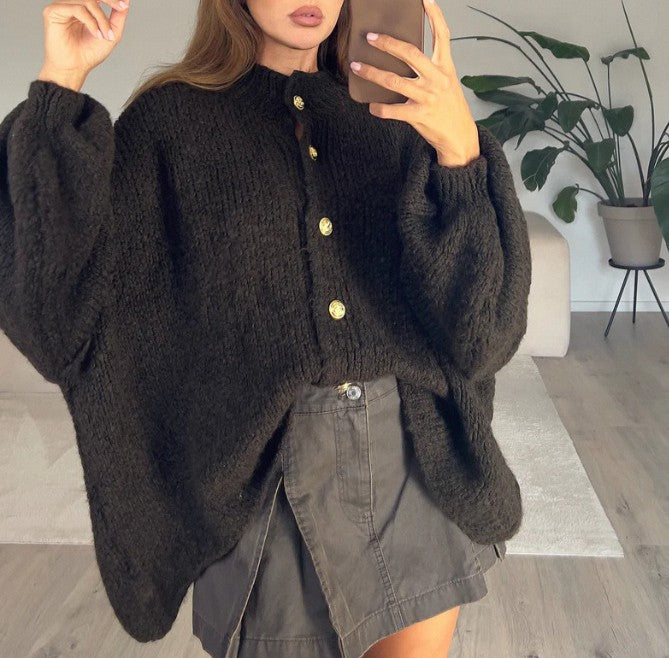 Oversized Balloon Sleeve Button Knit Cardigan - Black