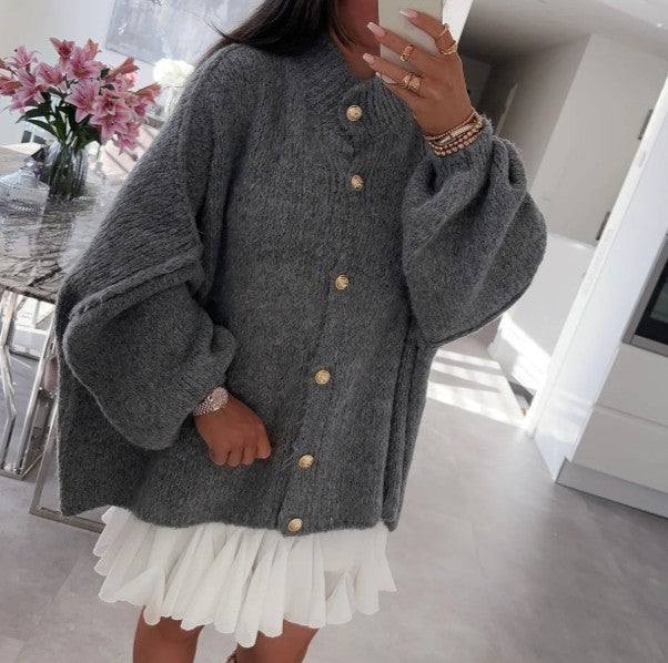 Oversized Balloon Sleeve Button Knit Cardigan - Darkgrey