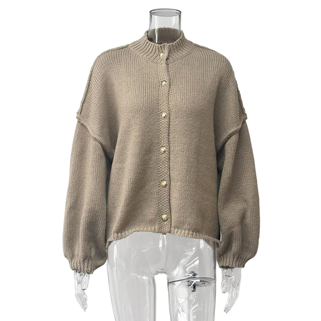 Oversized Balloon Sleeve Button Knit Cardigan - Khaki