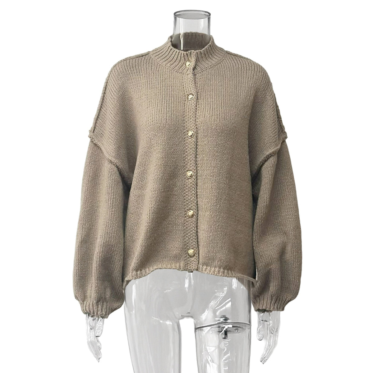 Oversized Balloon Sleeve Button Knit Cardigan - Khaki