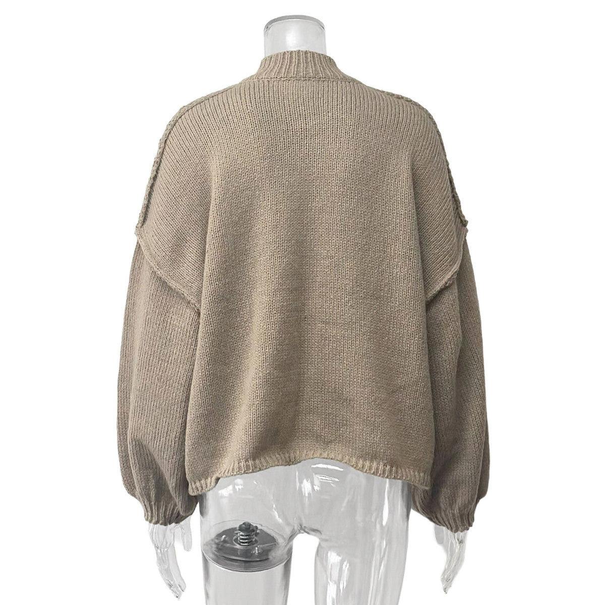Oversized Balloon Sleeve Button Knit Cardigan - Khaki - 2