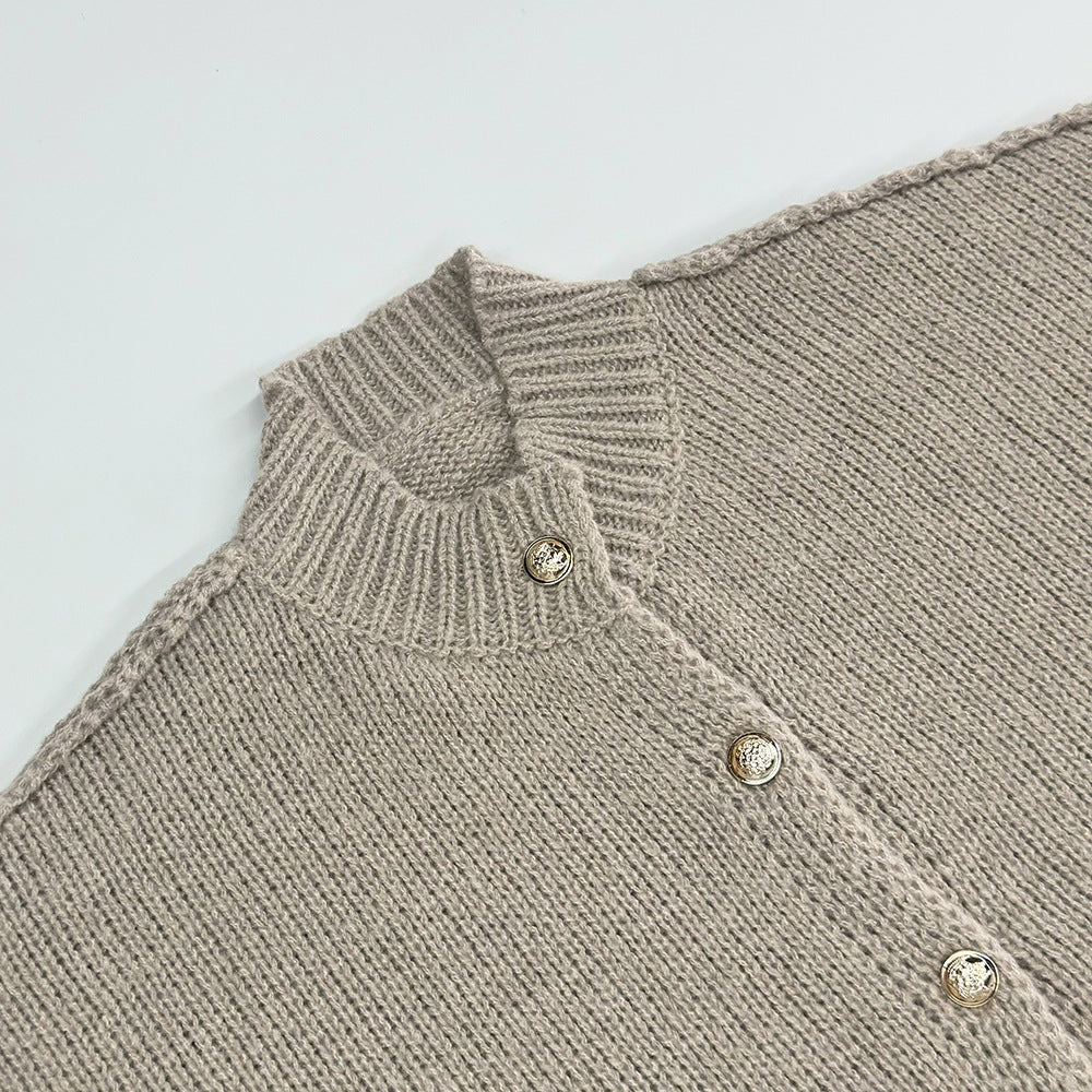 Oversized Balloon Sleeve Button Knit Cardigan - Khaki - 3