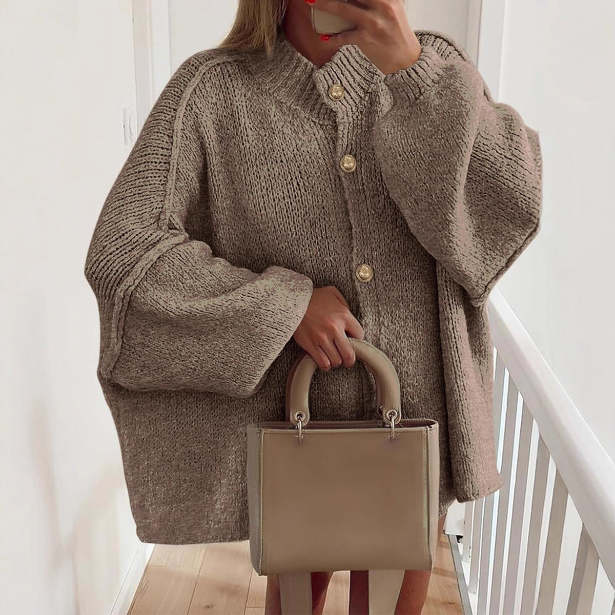 Oversized Balloon Sleeve Button Knit Cardigan - Khaki - 4