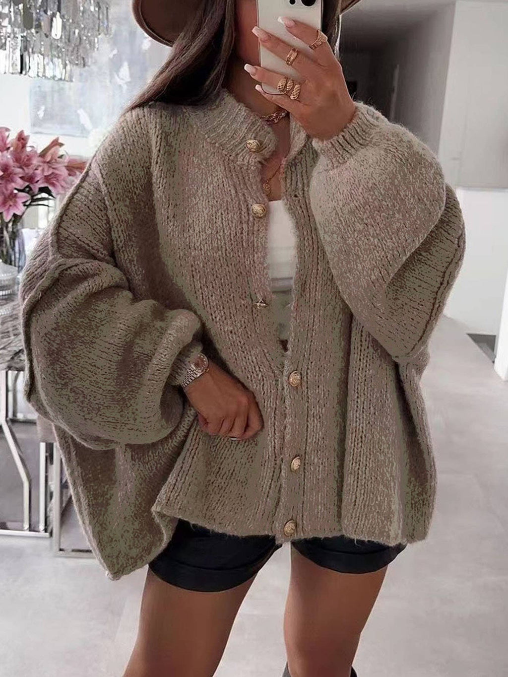 Oversized Balloon Sleeve Button Knit Cardigan