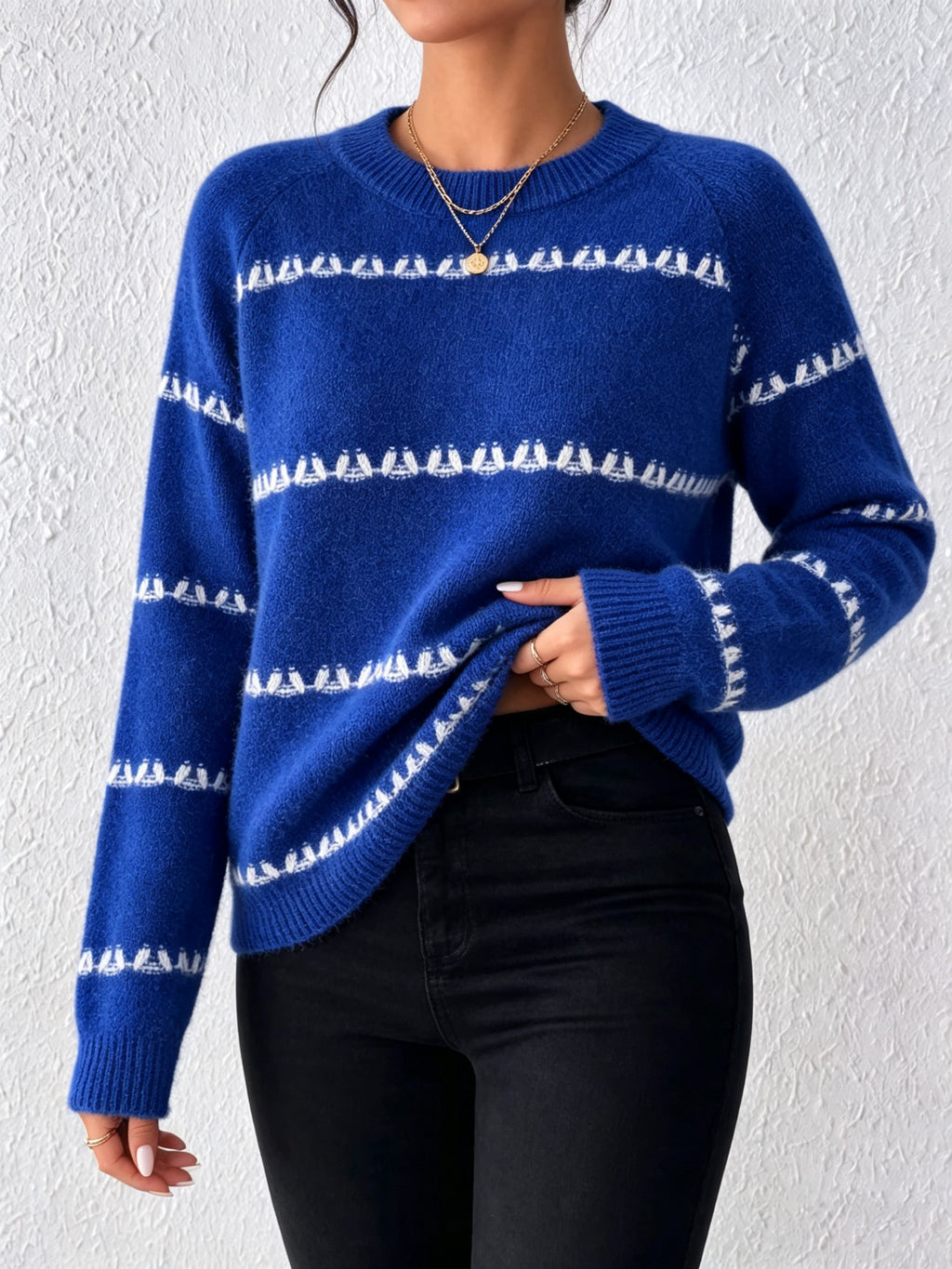 Triangle Stripe Jacquard Crew Neck Sweater - Blue - 3