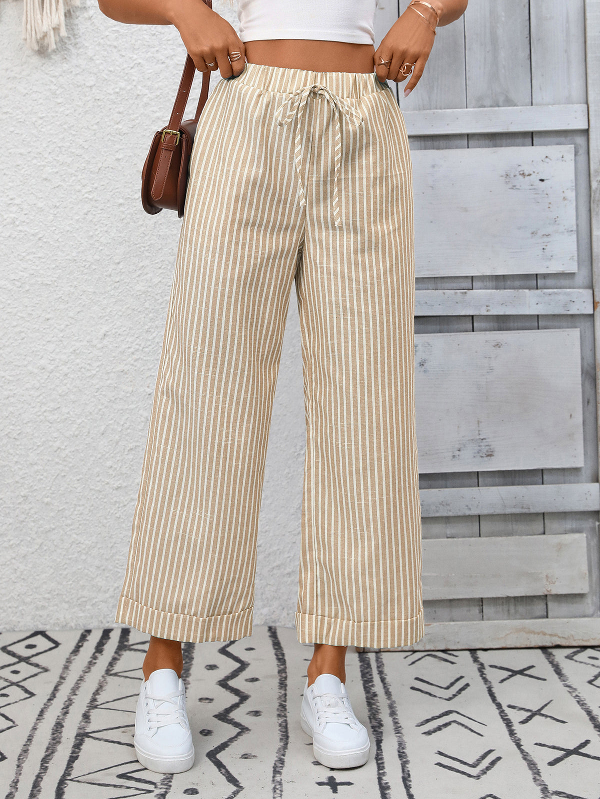 Pinstripe Wide Leg Cropped Drawstring Pants - Apricot
