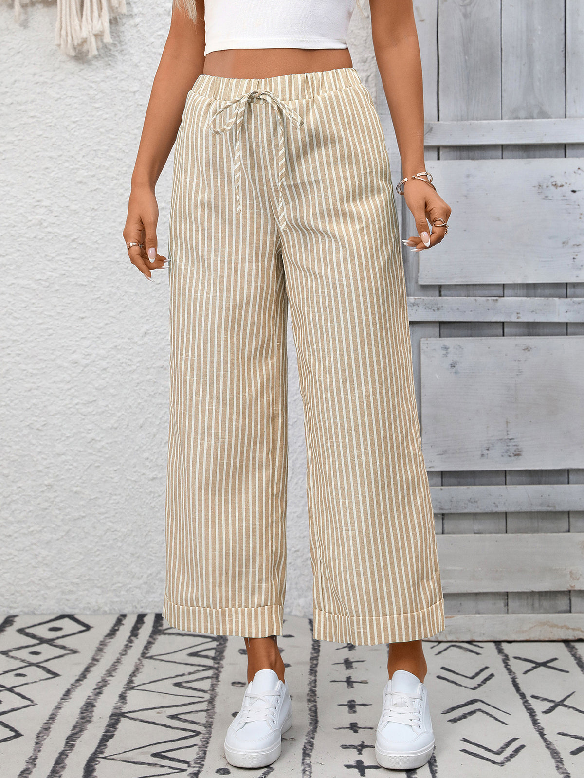Pinstripe Wide Leg Cropped Drawstring Pants - Apricot - 1