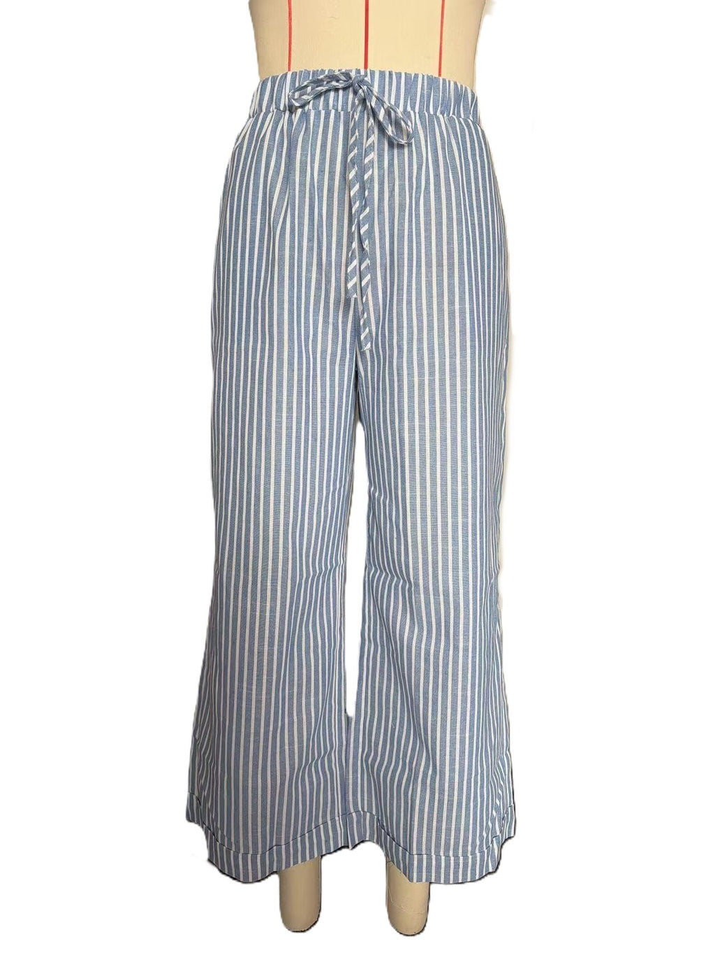 Pinstripe Wide Leg Cropped Drawstring Pants - Blue