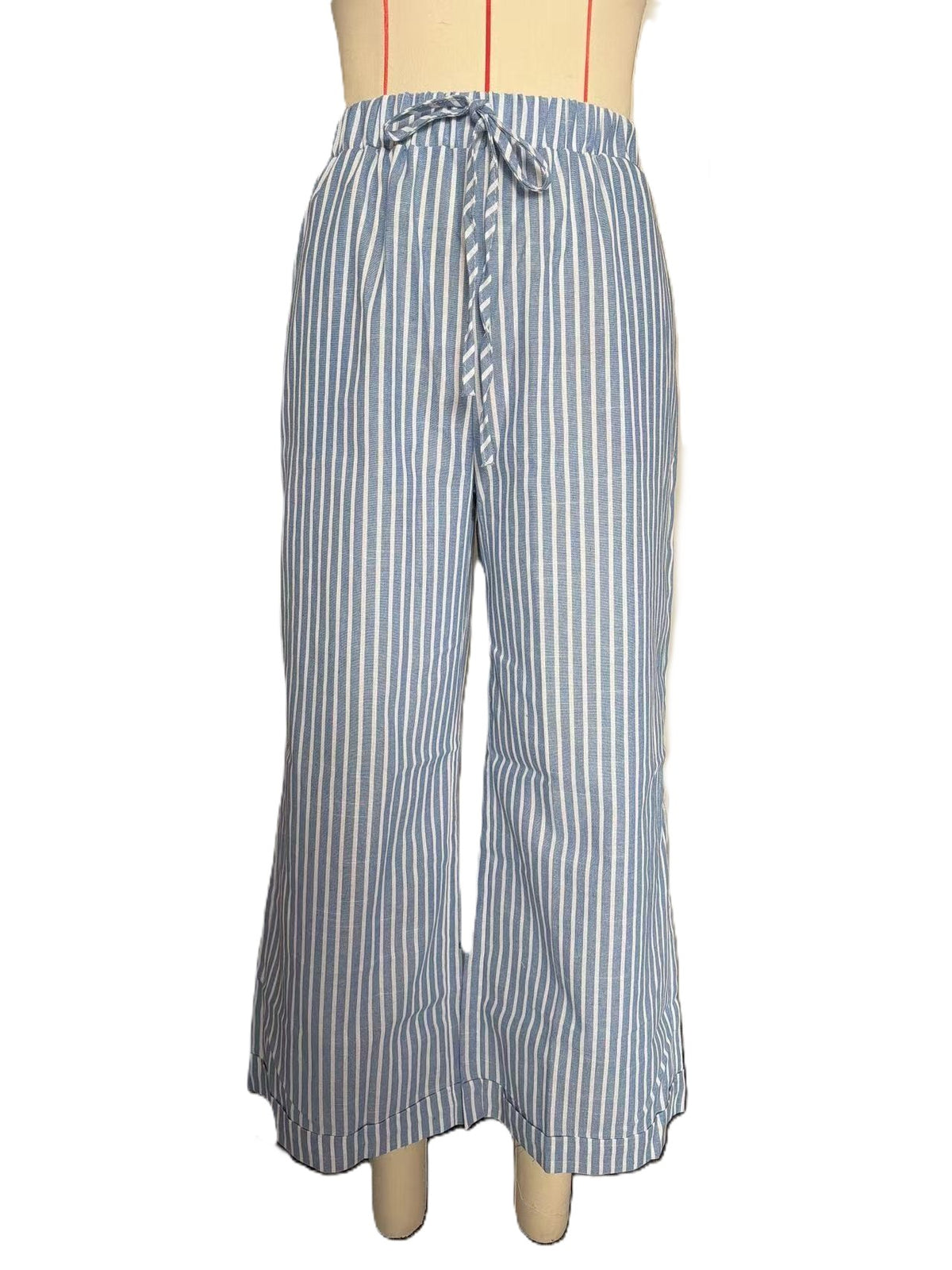 Pinstripe Wide Leg Cropped Drawstring Pants - Blue
