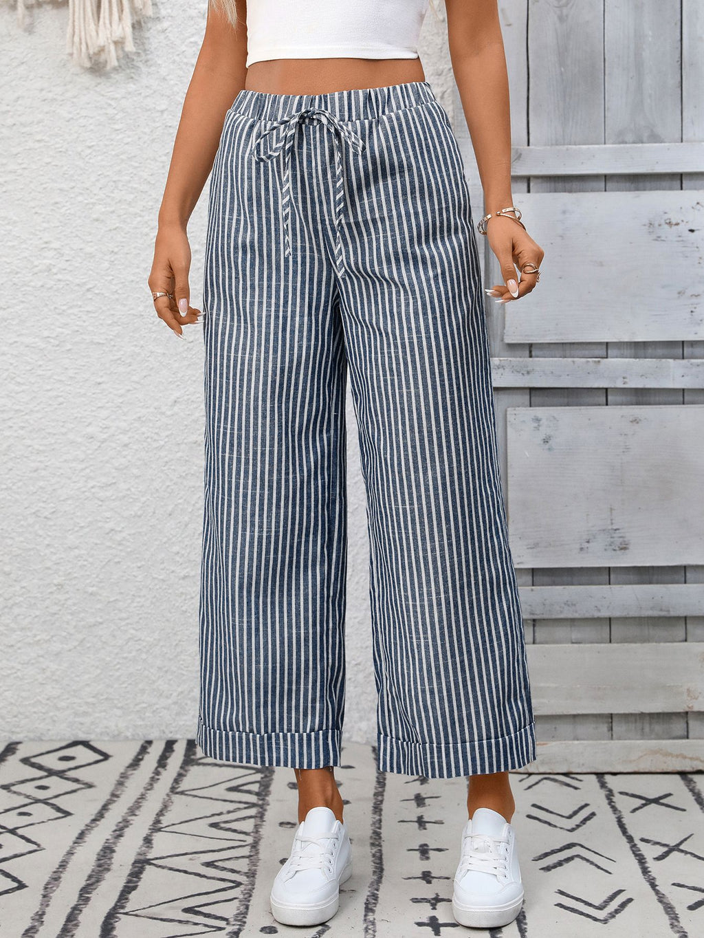 Pinstripe Wide Leg Cropped Drawstring Pants - Navyblue