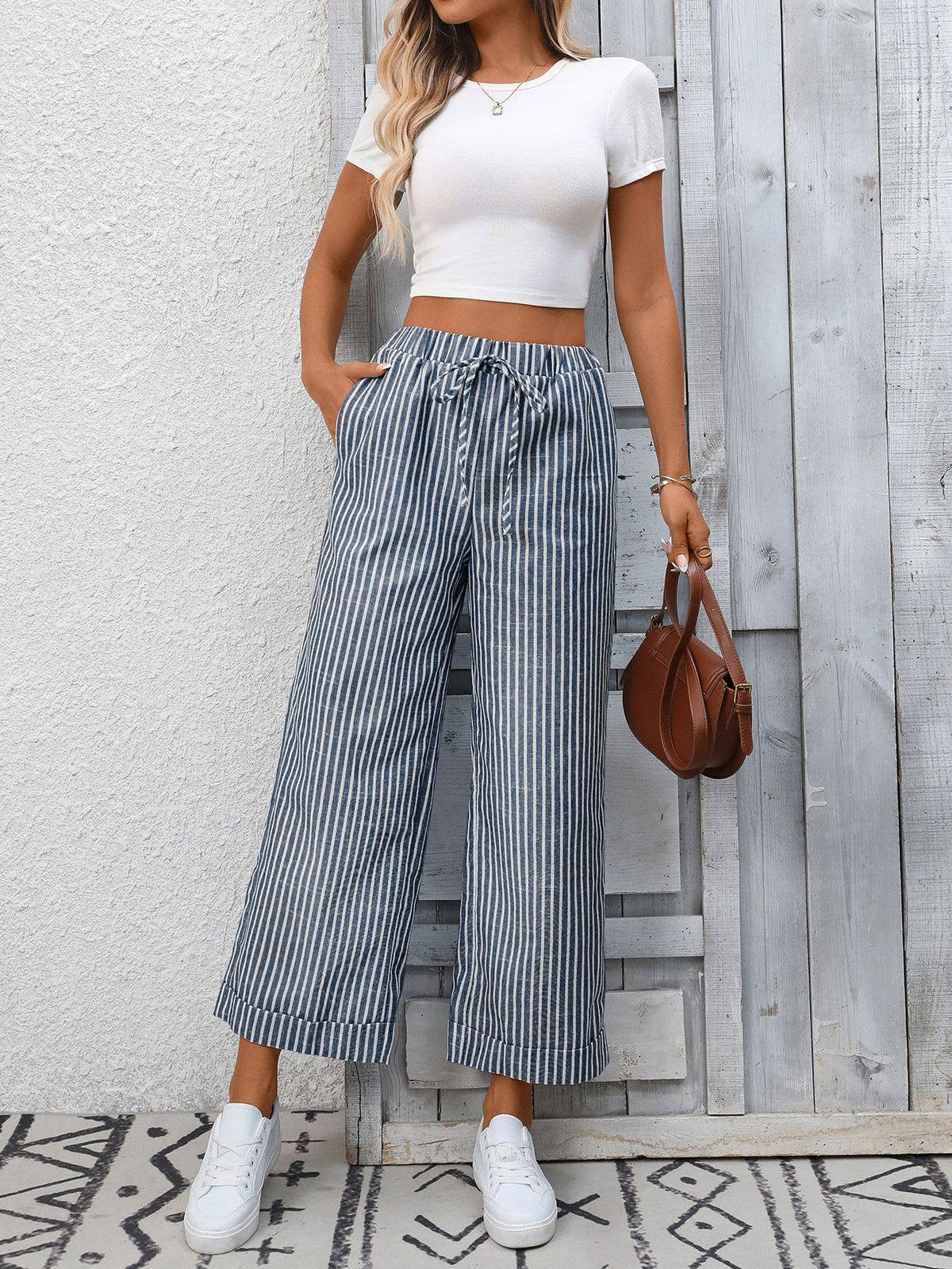 Pinstripe Wide Leg Cropped Drawstring Pants