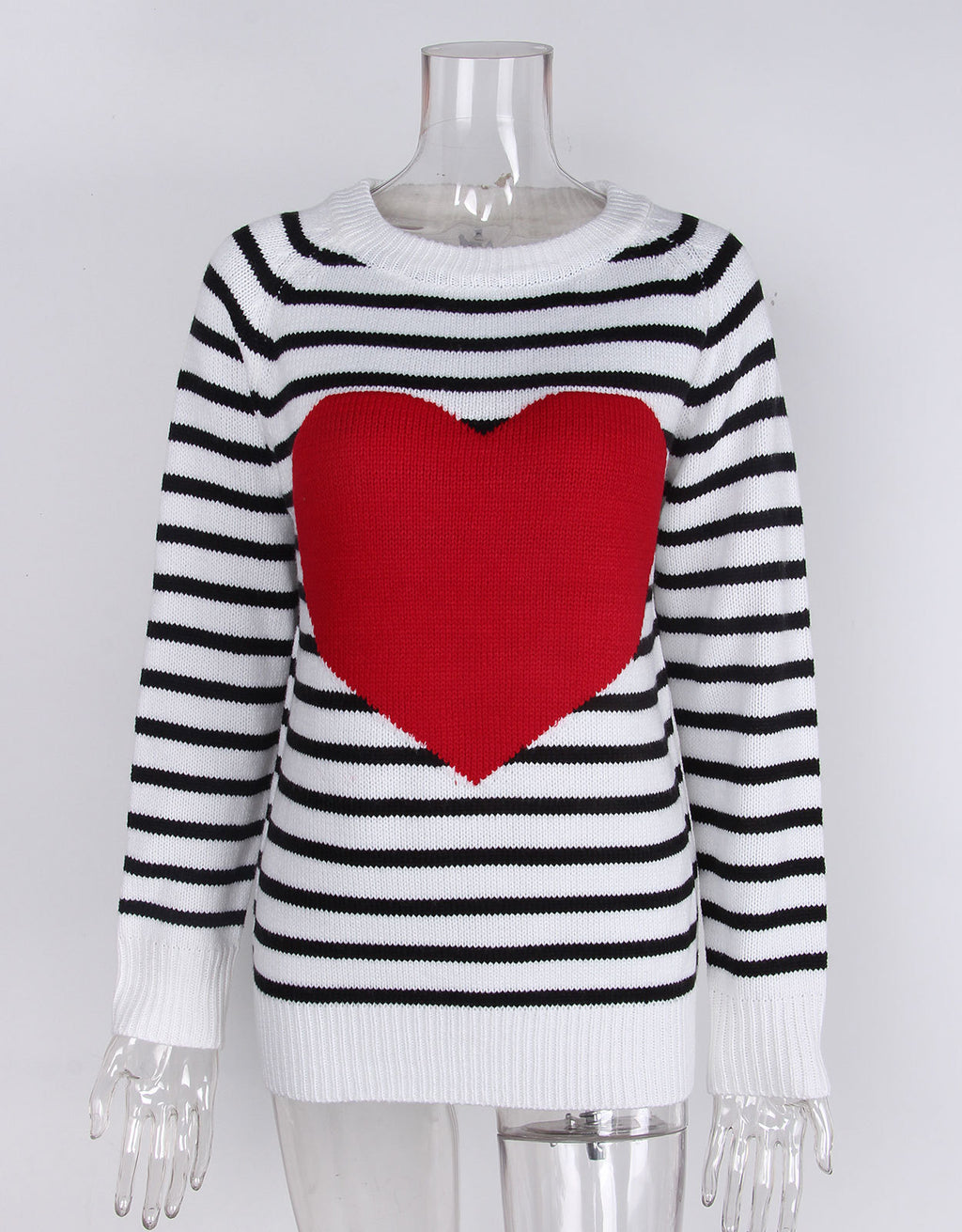 Striped Heart Motif Crew Neck Sweater - Black - 1