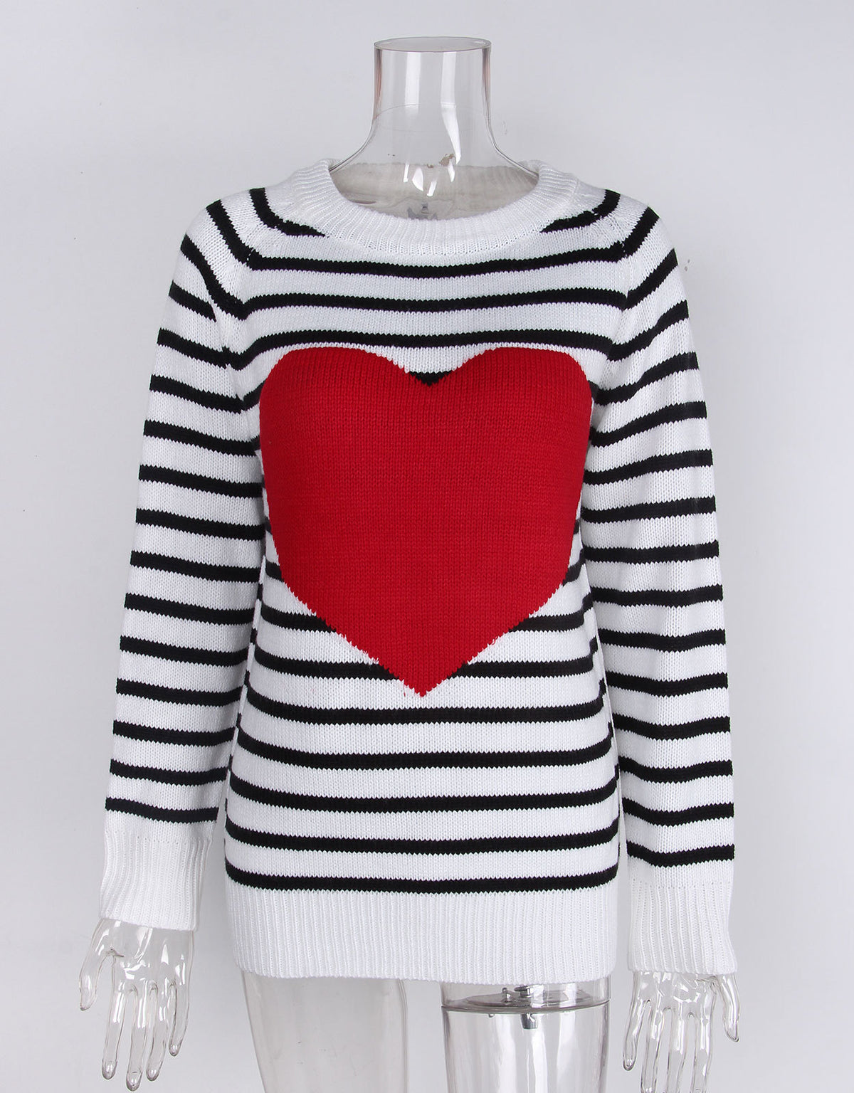 Striped Heart Motif Crew Neck Sweater - Black - 1