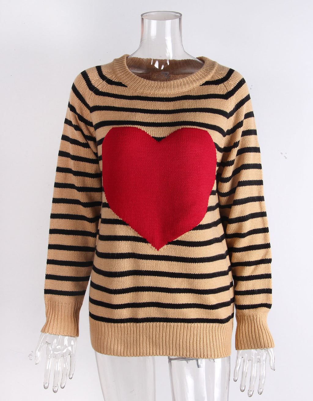 Striped Heart Motif Crew Neck Sweater - Khaki - 1