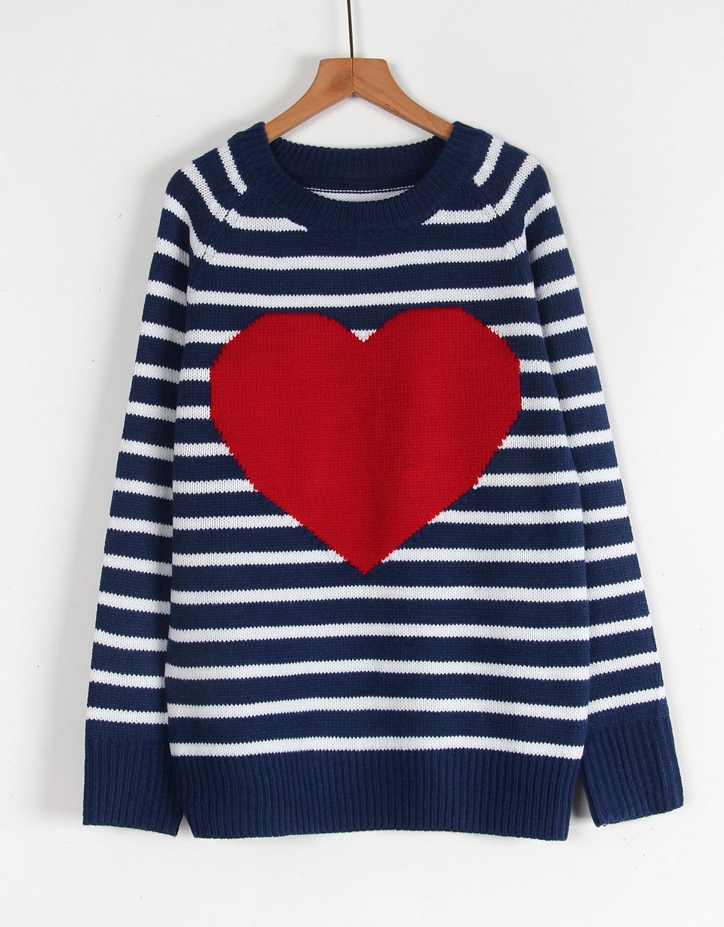 Striped Heart Motif Crew Neck Sweater - Navy