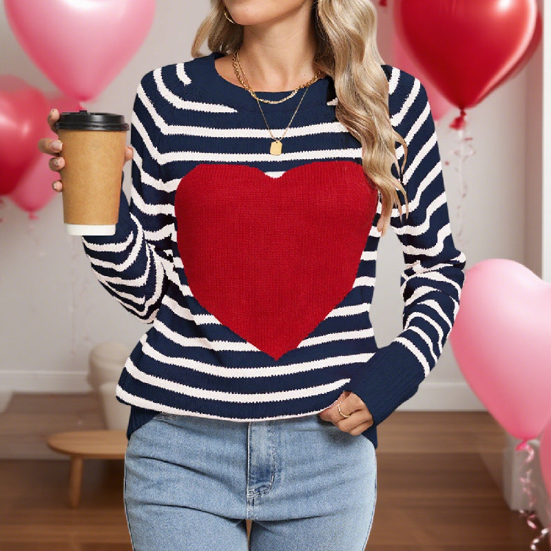 Striped Heart Motif Crew Neck Sweater - Navy - 1