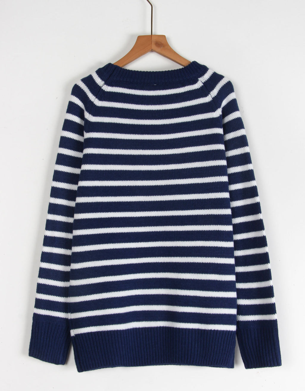 Striped Heart Motif Crew Neck Sweater - Navy - 2