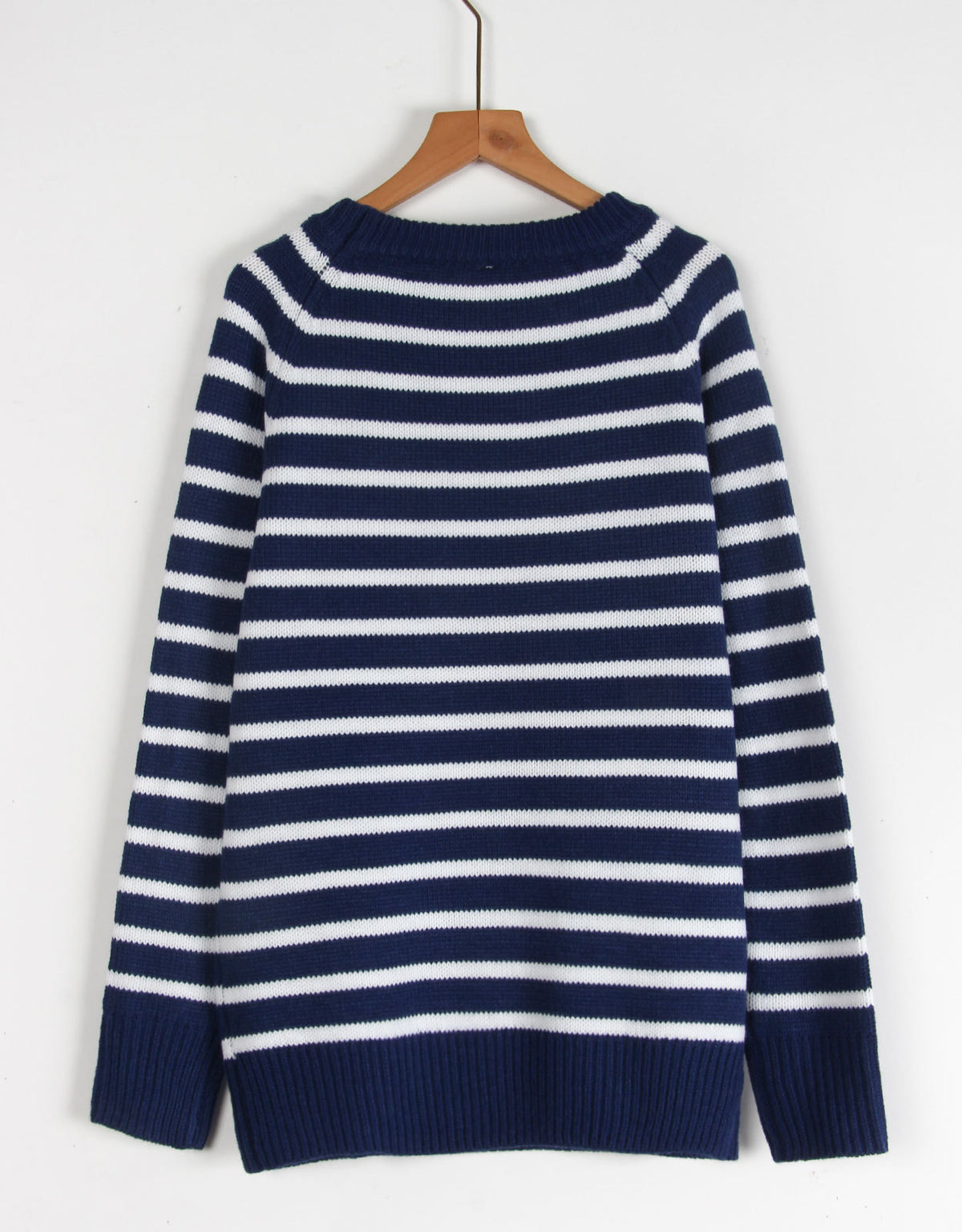 Striped Heart Motif Crew Neck Sweater - Navy - 2