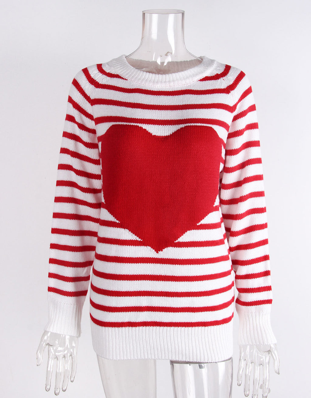 Striped Heart Motif Crew Neck Sweater - Red - 1