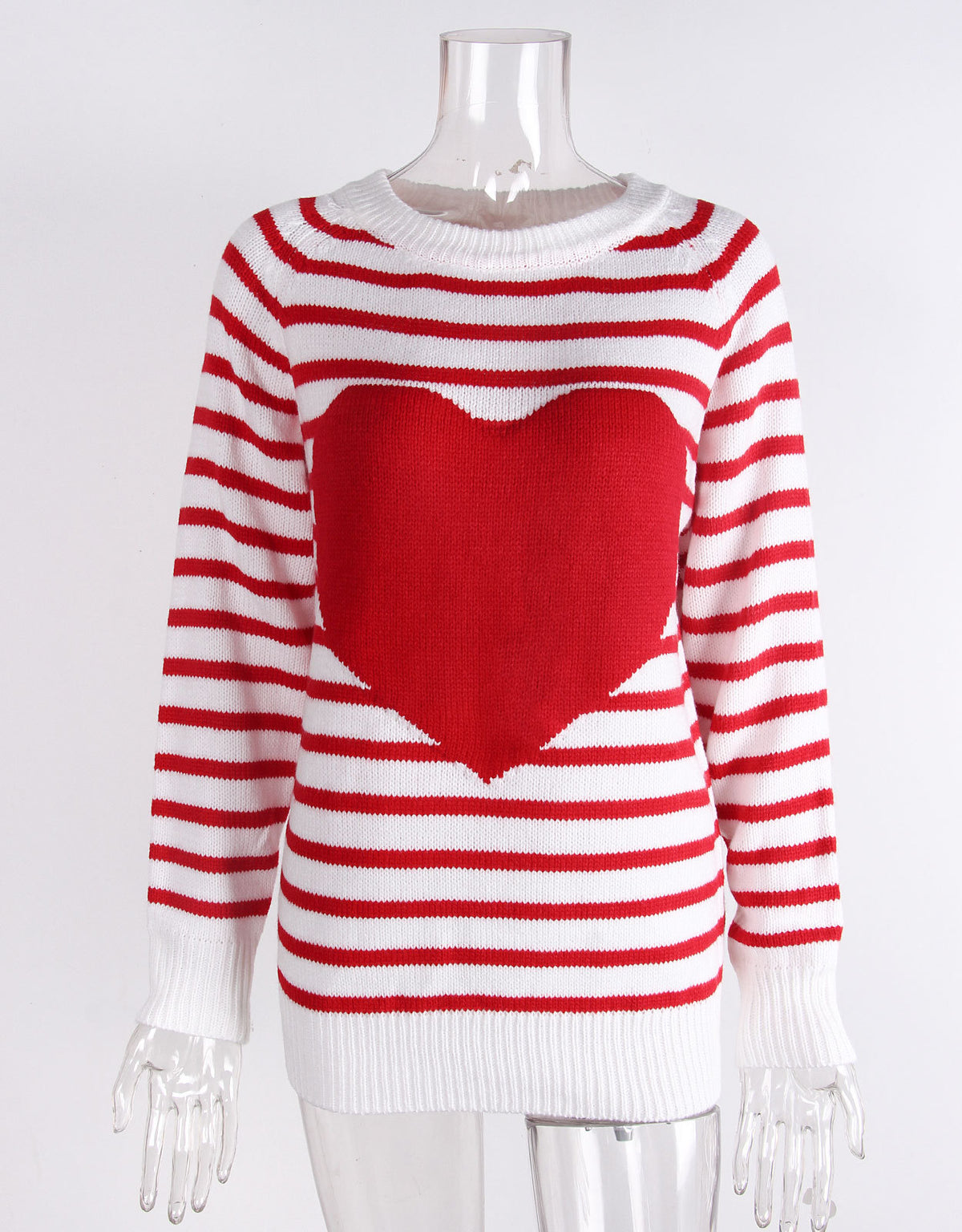 Striped Heart Motif Crew Neck Sweater - Red - 1